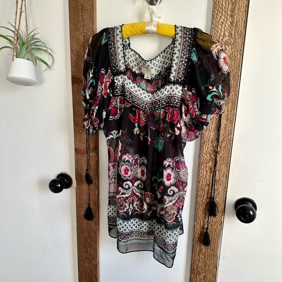 YVOS Boutique Sheer Vibrant Mixed Media Boho Blouse Medium - Picture 2 of 16
